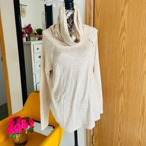 12PM by Mon Ami Women’s Beige Raglan Long Sleeve Striped Cowl Neck Sweatshirt